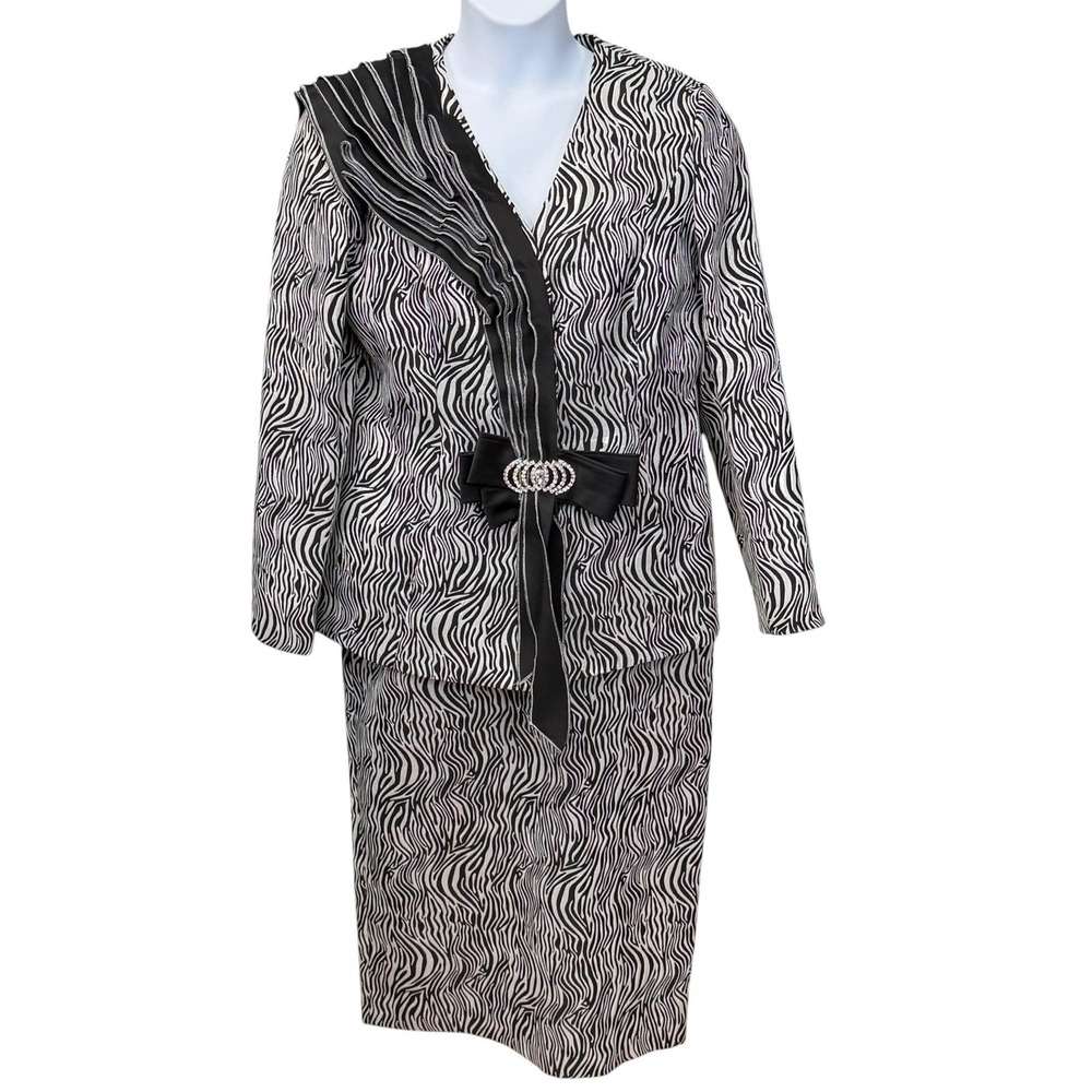 Elite Champagne Skirt Suit‎ Womens 12 Black Animal Print Pencil Midi Bow Church